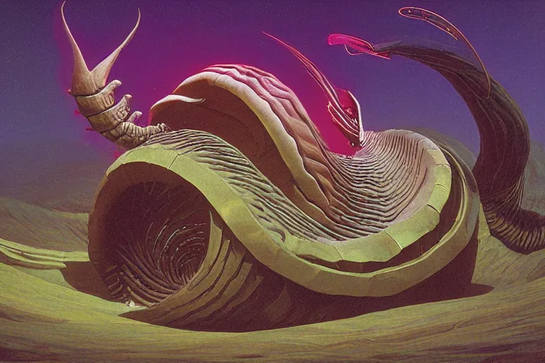 Prompt: angry, screaming nautilus sandworm, made of neon light volumetric lighting, by caspar david friedrich and wayne barlowe and ted nasmith