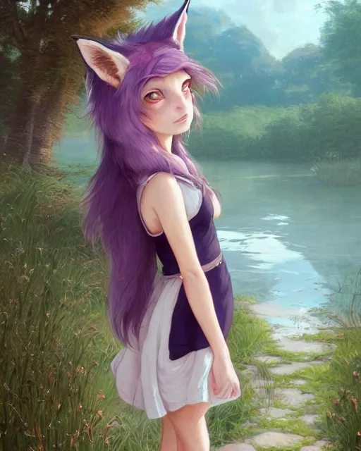 Prompt: a girl with fox ears and purple hair wearing a simple sundress, this fox girl has a pronounced snout and two pointed black ears, beautiful lake background, illustration by greg rutkowski, thomas kindkade, loish, artstation, furaffinity, deviantart