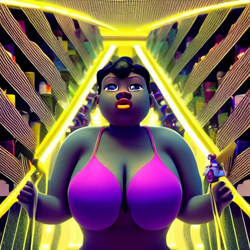 Image similar to stunning, coherent, symmetrical, still of black bbw woman in wal-mart, follow shot, 3d, in the style of pixar, comic book style, 3d, highly detailed, 16k resolution, octane renderer, coherent, cinematic lighting