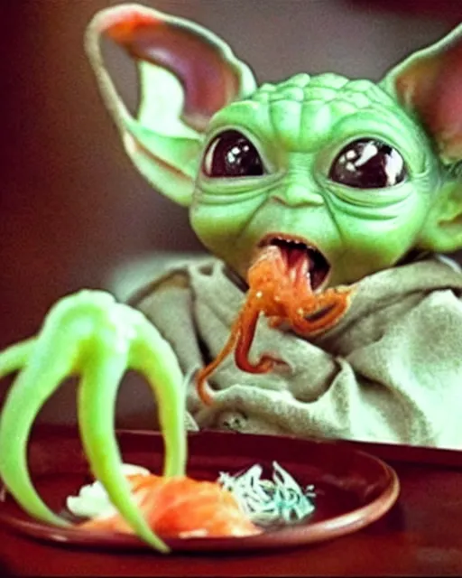 Image similar to baby yoda eating an alien squid thing in the style of dae - su eating an octopus at the sushi bar in oldboy