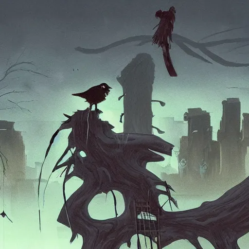 Prompt: a tiny gloomy reaper sitting on a tree log, holding its scythe and watches a little happy bird flying around a extrem destroyed fallout city with extrem radioactive aspects at nighttime, by aleksandra waliszewska and aoi ogata, dystopian concept dramatic horror art