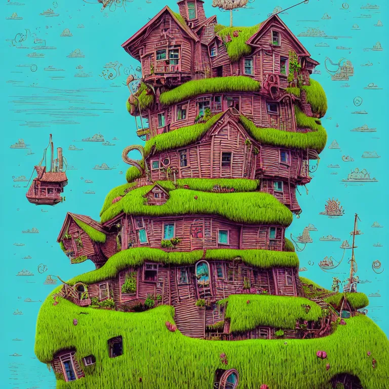 Image similar to house on island, sea cloud, surreal art by gediminas pranckevicius, geof darrow, keith harring, dark shadows, hard lighting, floralpunk, inking, etching, screen print, masterpiece, trending on artstation, sharp, colorful high contrast hd, 8 k hyper detailed