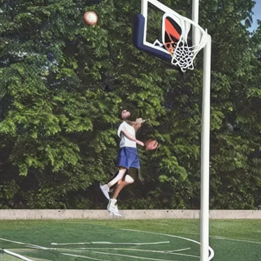 Prompt: flying drone with basketball hoop and backboard on drone body