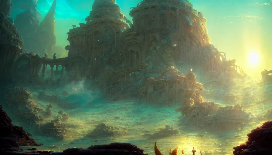 Prompt: a beautiful mermaid looking at the sunken city of Atlantis under water, ray of sunlight, detailed painterly digital art style by WLOP and Cory Loftis and Greg Rutkowski and Mohrbacher, 8k octane beautifully detailed render, post-processing, extremely hyperdetailed, intricate, epic composition, grim yet sparkling atmosphere, cinematic lighting + masterpiece, trending on artstation, very detailed, vibrant colors, Art Nouveau, god rays