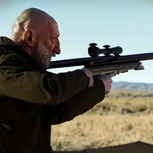 Image similar to Film Still of Mike Ehrmantraut aiming a sniper rifle in a new Breaking bad movie, 8k, highly detailed, centered
