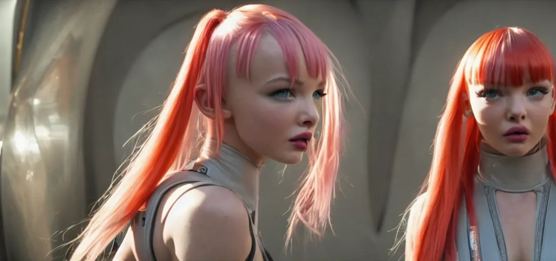 Image similar to a young woman who is a mix of dove cameron and madison beer and milla jovovich stars as leeloo in the 2 0 2 4 remake of the 5 th element, cinematic still, action shot, 8 k hdr