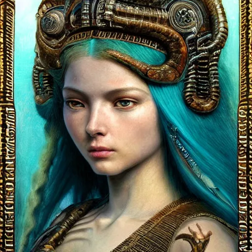 Image similar to octane render, artstation, 8 k, intricate detail, hyper detail, portrait by h. r. giger, gaston bussiere, bayard wu, greg rutkowski, greg rutkowski, sandro botticelli, tan lady of elche egyptian sumerian techno mystic goddess princess intergalactica inanna with aqua neon rapunzel dreadlocks,