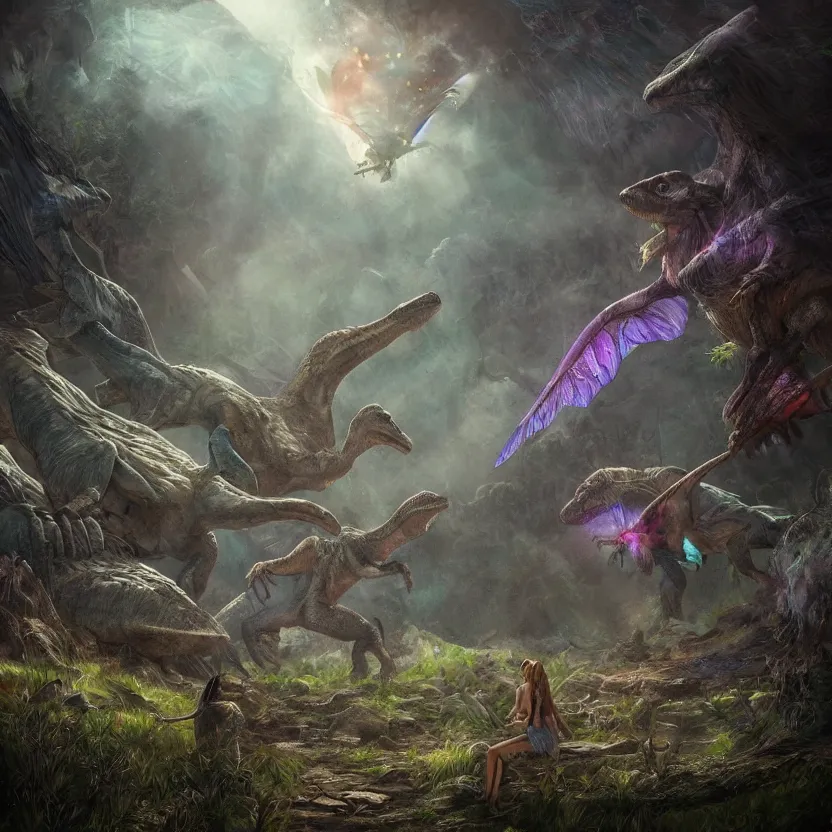 Prompt: small fairies with iridescent wings in a jurassic land with dinosaurs. dark setting. just before dawn. fantasy art. trending on artstation