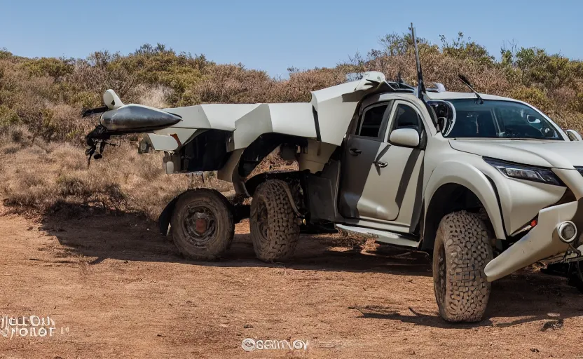 Prompt: wideshot of a UB-32 rocket pod mounted on a Mitsubishi Triton, highly detailed, 4k photo, shot with sony alpha