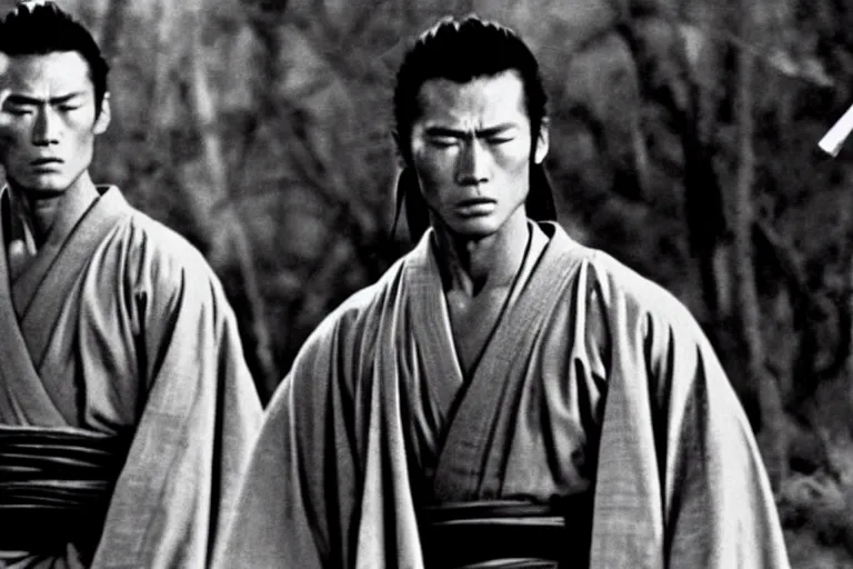 Image similar to young clint eastwood as a ronin samurai brothers, in robes, in the movie seven samurai ( 1 9 5 4 ). grainy movie still, high detail, sharp focus