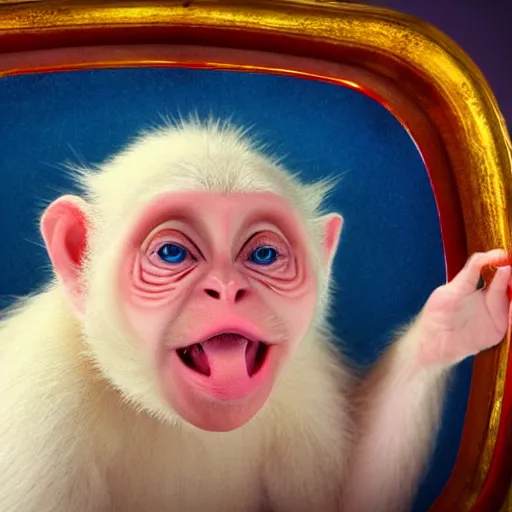 Image similar to magical scene. the sweet old very fat baby white monkey, red lips, blue eyes, is in love with her fancy beautiful colorful white fish. close up. clear face. subsurface scattering shiny skin. cinematic scene. glossy. highly detailed, color harmony, art station, ornate, caravaggio style. 3 d, beautiful lighting, old photography