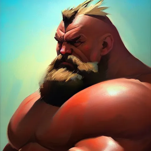 Image similar to greg manchess portrait painting of armored zangief from street fighter as overwatch character, medium shot, asymmetrical, profile picture, organic painting, sunny day, matte painting, bold shapes, hard edges, street art, trending on artstation, by huang guangjian and gil elvgren and greg rutkowski