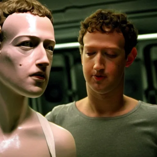 Prompt: mark zuckerberg inspecting the failed ripley clones experiments of himself from the movie Alien Resurrection.