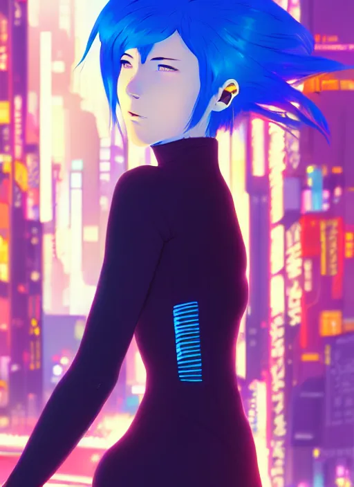 Image similar to hyper realistic photograph of cyberpunk pretty girl with blue hair, wearing a tight black dress, in city street at night, by makoto shinkai, ilya kuvshinov, lois van baarle, rossdraws, basquiat