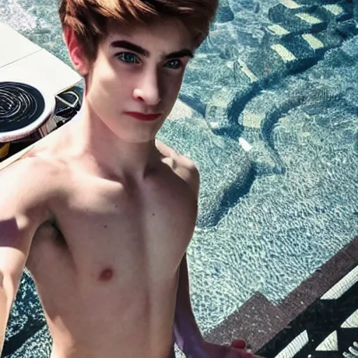 Image similar to “a realistic detailed photo of a guy who is an attractive humanoid who is half robot and half humanoid, who is a male android, twitch streamer Ninja Tyler Blevins, shiny skin, posing like a statue, blank stare, by the pool, display”