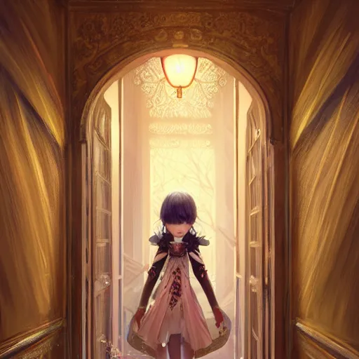 Prompt: beautiful young girl in intricate clothing by artgerm, walking through a hallway by wlop, reflections, very high intricate details, painting, digital anime art, medium shot, mid - shot, wlop, ilya kuvshinov, artgerm, krenz cushart, greg rutkowski, sana takeda