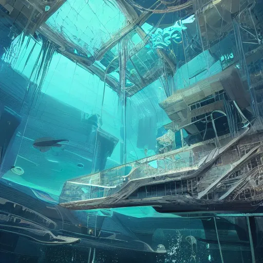 Image similar to underwater spy facility, grand obsessive compendium. intricate artwork, by tooth wu, wlop, beeple, dan mumford. concept art, octane render, trending on artstation, greg rutkowski very coherent symmetrical artwork. key art, high detail, octane render, 8 k, iridescent accents