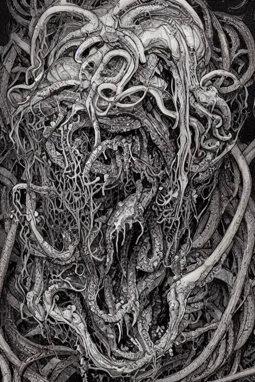 Image similar to centered horrifying detailed side view profile portrait of a insane, crazed, mad old bald zombie, ornate tentacles growing around, ornamentation, thorns, vines, tentacles, elegant, beautifully soft lit, full frame, 8 k by wayne barlowe, peter mohrbacher, kelly mckernan, h r giger