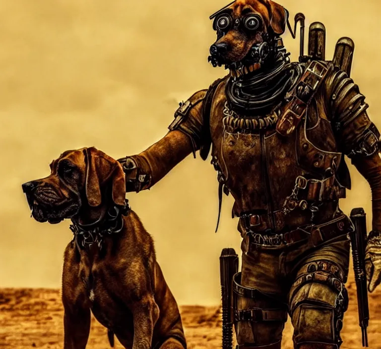 Image similar to a good ol'bloodhound pup fursona ( from the furry fandom ), heavily armed and armored facing down armageddon in a dark and gritty version from the makers of mad max : fury road. witness me.