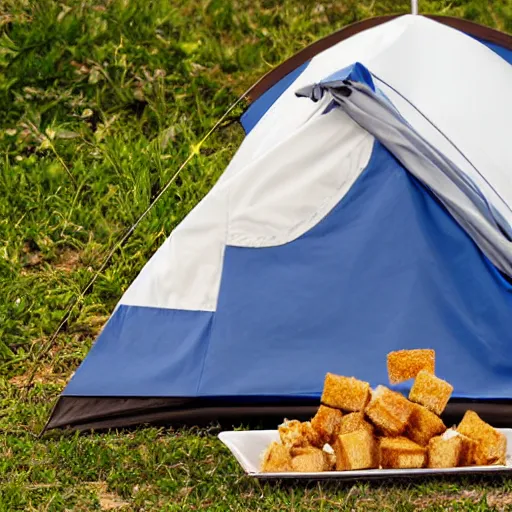 Prompt: box of croutons next to tent, 4k realistic photo