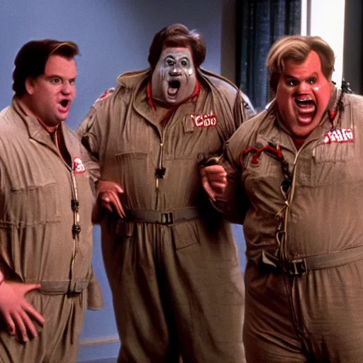 Prompt: Chris Farley as a Ghostbuster in the movie Ghostbusters 8k hdr