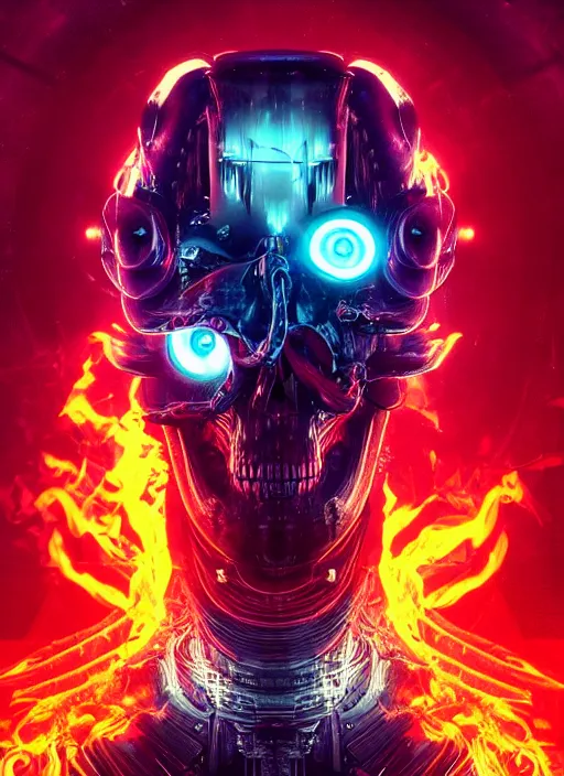 Prompt: a futuristic skull with glowing eyes and a flame fire background, cyberpunk art by android jones, behance contest winner, computer art, darksynth, synthwave, rendered in cinema 4 d