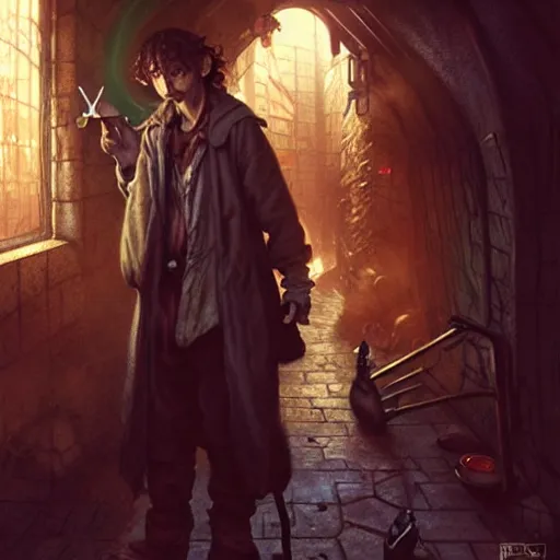 Image similar to Drug addict hobbit with crazy eyes smoking in a dark alley, ultra realistic, concept art, intricate details, dark, highly detailed, photorealistic, octane render, 8k, unreal engine, art by artgerm and greg rutkowski and alphonse mucha