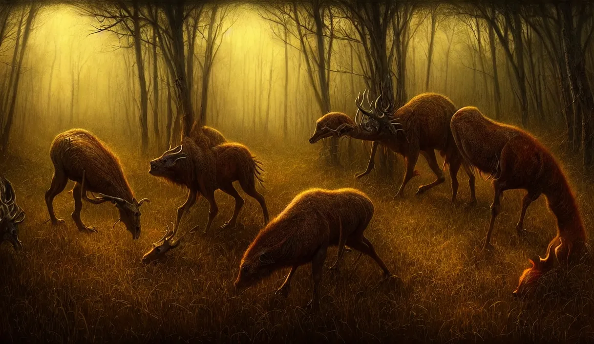 Image similar to epic professional digital art of hungry eyes, ambient golden light, painted, mysterious, cinematic prairie terrifying animals scene, eerie, mythic, detailed, intricate, grand, leesha hannigan, wayne haag, reyna rochin, ignacio fernandez rios, mark ryden, van herpen, artstation, cgsociety, epic, stunning, gorgeous, wow wow detail