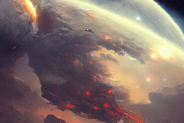 Image similar to 2 1 0 0 astronaut burning up while dropping through the majestic clouds of jupiter, by cedric peyravernay, highly detailed, excellent composition, cinematic concept art, dramatic lighting, trending on artstation