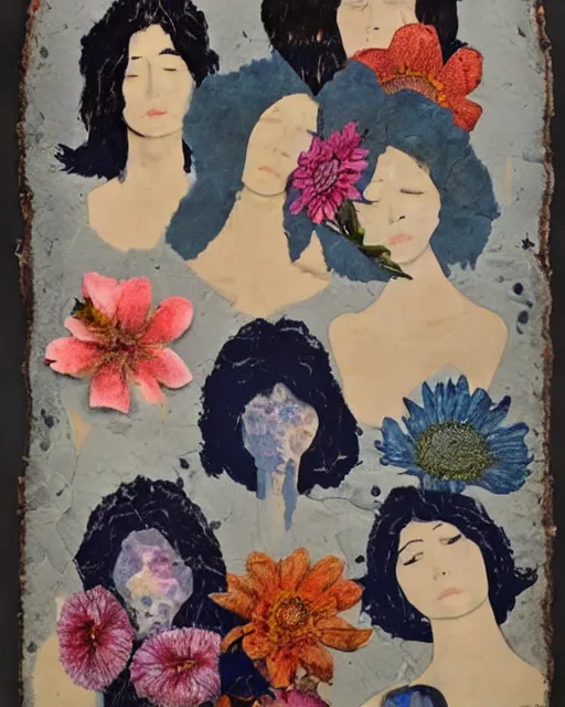 Prompt: different women's faces, cut and paste collage, mutated flowers, soft coloring, 1 9 7 0 s, denim, water stains, serene emotions, lingering glances