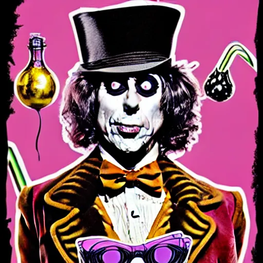 Image similar to graphic illustration, creative design, willy wonka as alice cooper, biopunk, francis bacon, highly detailed, hunter s thompson, concept art