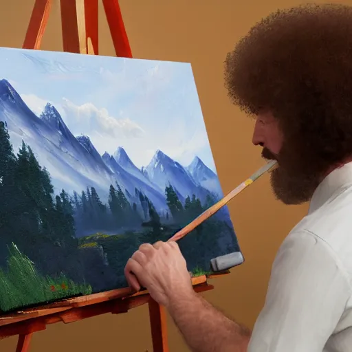 Image similar to a closeup photorealistic photograph of bob ross working on a canvas painting of spiderman. film still. brightly lit scene. mountains and trees. this 4 k hd image is trending on artstation, featured on behance, well - rendered, extra crisp, features intricate detail, epic composition and the style of unreal engine.