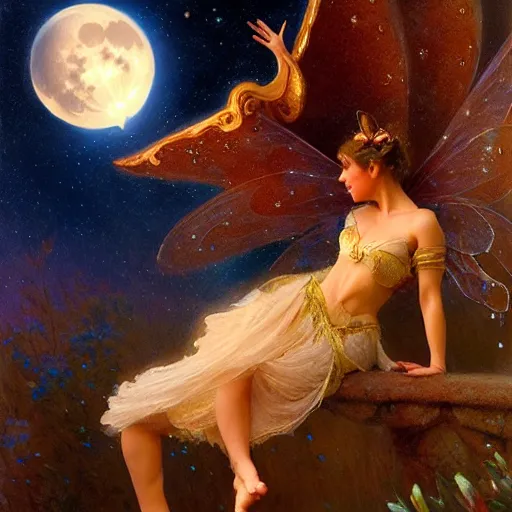 Image similar to attractive fairy magically floating high in the night, fantasy, full moon in background. highly detailed painting by gaston bussiere, craig mullins, j. c. leyendecker, sharp focus, 8 k