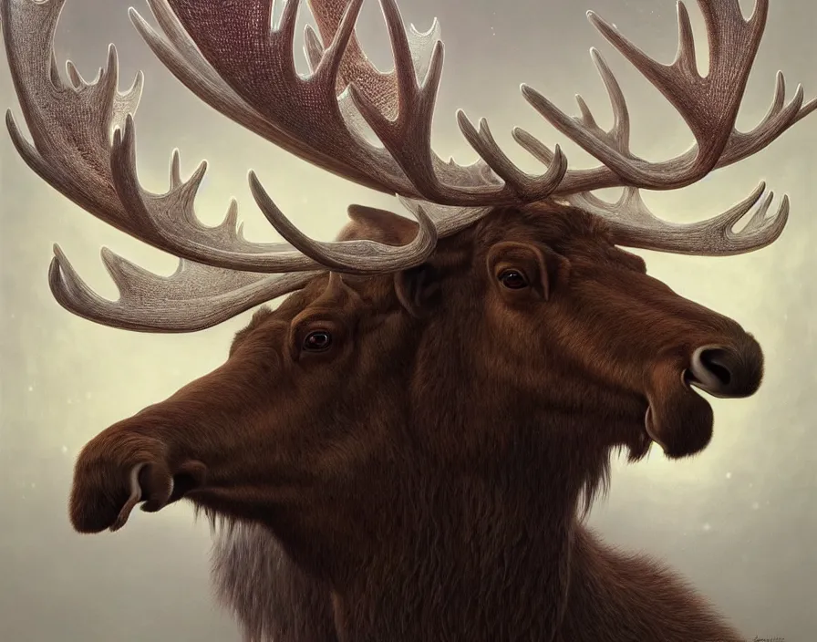 Image similar to a beautiful and very detailed painting of great ethereal moose with silver antlers, dynamic lighting, trending on artstation, path traced, highly detailed, high quality, digital art, hyper realistic, octane render, sharp focus, art by artgerm and greg rutkowski and alphonse mucha, 8 k