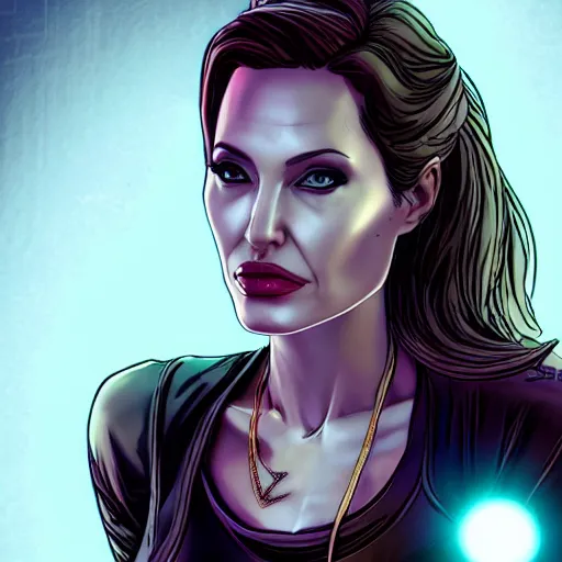 Prompt: angelina jolie portrait, borderlands, tales from the borderlands, the wolf among us, comic, cinematic lighting, studio quality, 8 k