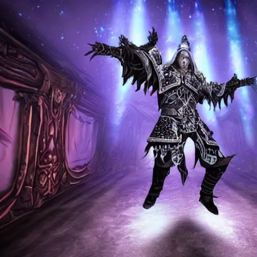 Image similar to The Lich King from World of Warcraft dancing at a disco