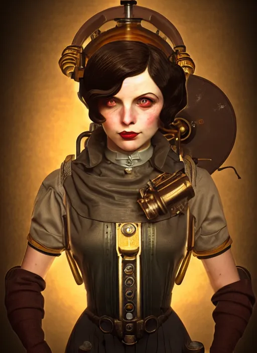 Image similar to Bioshock steampunk portrait, au naturel, hyper detailed, digital art, trending in artstation, cinematic lighting, studio quality, smooth render, unreal engine 5 rendered, octane rendered, art style by klimt and nixeu and ian sprigger and wlop and krenz cushart