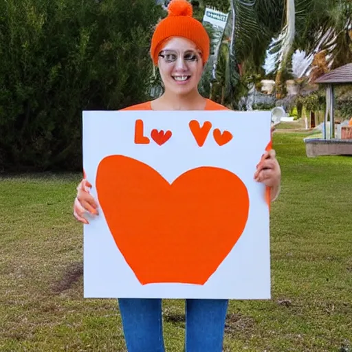 Prompt: cute colossal standing orange tabby cat holding a sign that says