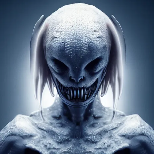 Image similar to beautiful blond xenomorph girl with human face in the style of giger, ground fog, moody lighting, 8 k, lightning, shallow depth of field, cinematic lighting,