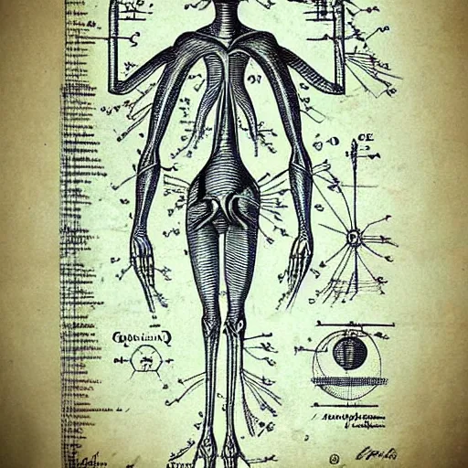 Image similar to 1 2 century scientific schematics alien anatomy, handwriting annotations!!!, blueprint, patent registry