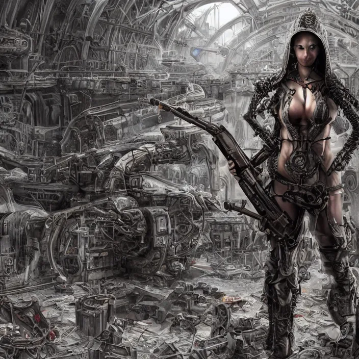 Image similar to apocalyptic woman in hood standing in hall of machinery and weaponry, hyper - detailed, smooth, sharp focus, 4 k ultra hd, fantasy dark art