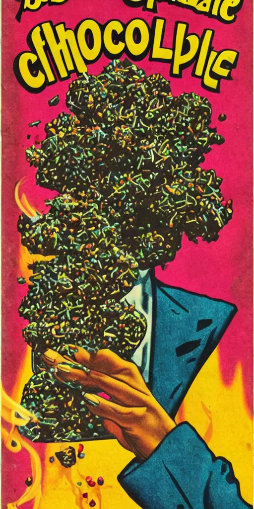 Image similar to pulp cover of a magical chocolate chunks cookie, wizard, fantasy, tetrahydrocannabinol, thc, hallucination, colored smoke, sparkles, sativa, indica, illustration, 5 0 s, risography,