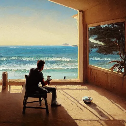 Image similar to a painting of a man sitting down and having a cup of tea in his house by the beach, by greg rutkowski, b - - width 7 6 8