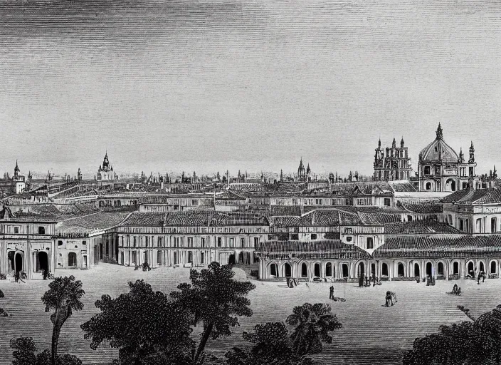 Prompt: an antique black and white high resolution photograph of the city of seville 1 8 3 0.