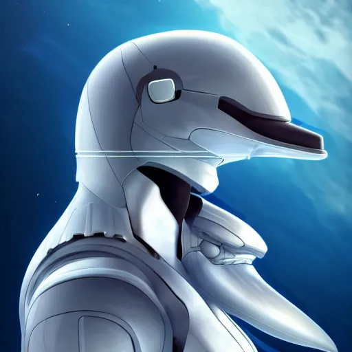 Prompt: very very beautiful furry art, bust profile picture of a male robotic anthro dolphin, synthetic cetacean hybrid android, face covered by dark fully opaque visor, wide bottlenose snout below visor, sleek round shapes, all ultramarine metal, integrated design, commission on furaffinity, cgsociety, octane render, sea in background