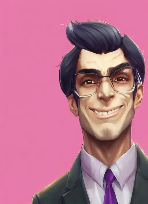 Prompt: a sly and confident male debaters with purple clothes and dark hair, bad smile, character, closeup headshot, in the style of artgerm, artstation, cgsociety, wlop, alexis franklin, charlie bowater, 8 k, detailed