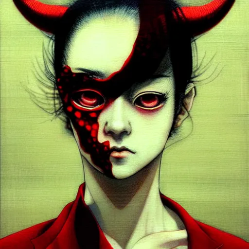 Image similar to yoshitaka amano blurred and dreamy realistic three quarter angle horror portrait of a sinister young woman with short hair, horns and red eyes wearing office suit with tie, junji ito abstract patterns in the background, satoshi kon anime, noisy film grain effect, highly detailed, renaissance oil painting, weird portrait angle, blurred lost edges