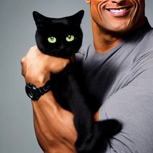 Image similar to dwayne johnson holding a black cat, studio lighting, promotional photograph