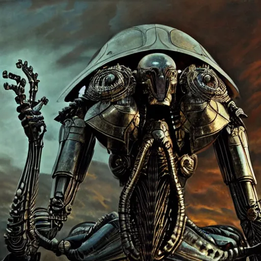 Image similar to still frame from Prometheus movie by giger, necron lord skorpekh editorial by Malczewski, biomechanical armoured knight by Wayne Barlowe, ornate elaborate complex artifact of annihilation by Alan merrett