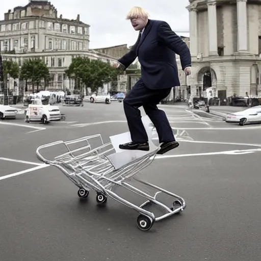 Prompt: Wide Angle Photo of Boris Johnson doing Jackass shopping cart stunt